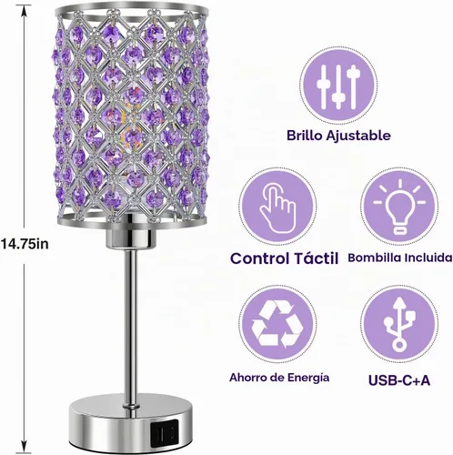 Vista 2 de Lámpara de mesa de cristal, lámpara táctil púrpura con puerto USB C+A Púrpura-1