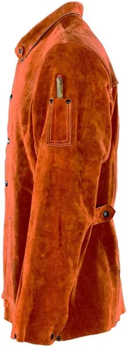 Vista 4 de QeeLink Chaqueta de trabajo de soldadura de cuero con delantal de pierna dividida, resistente al fuego, resistente al fuego, chaquetas de soldador