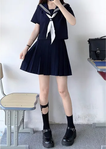 Vista 5 de RESSE Falda plisada japonesa, uniforme escolar, uniforme de marinero JK, uniforme de niñas, disfraz de anime de manga larga