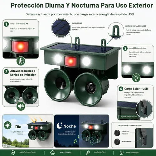 Vista 7 de Dispositivos repelentes de pájaros ultrasónicos solares 2026 para exteriores con altavoces duales, disuasorio de palomas para balcón, patio