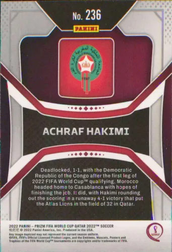 Vista 2 de Panini Prizm FIFA World Cup Qatar #236 Achraf Hakimi Marruecos - Tarjeta oficial de fútbol y fútbol 2022 en estado crudo (NM o mejor)