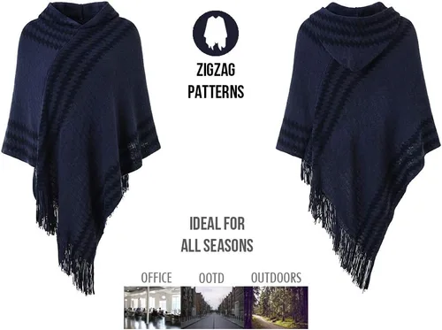 Vista 3 de Ferand Suéter poncho de punto con capucha y rayas en zigzag para mujer con flecos