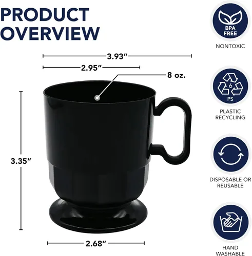 Vista 2 de Party Essentials Tazas de té de plástico duro de 8 onzas con asas, 40 unidades, color negro de lujo Negro Deluxe
