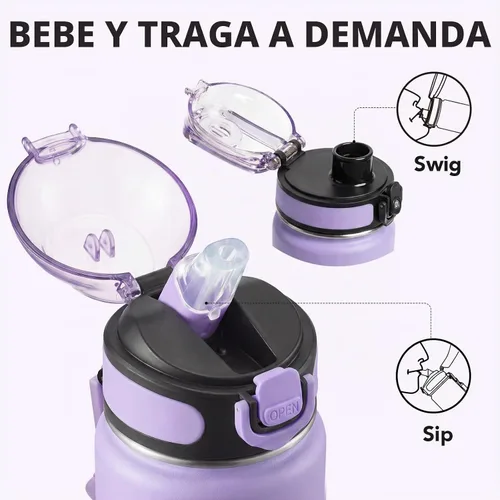 Vista 5 de Enerbone Botella de agua aislada de 24 onzas, 2 tapas de 24 onzas (con pajilla / sin pajilla), frasco de doble pared de acero inoxidable