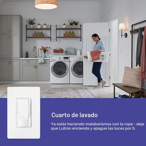 Vista 2 de Lutron Maestro Interruptor LED+ con sensor de movimiento/atenuador con placa de pared 150W LED Un polo/múltiples ubicaciones MSWCL-OP153M-WH
