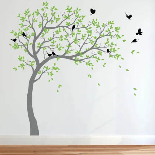 Vista 9 de Calcomanías de pared para árbol grande, calcomanías de árbol inclinado con pájaros, mural de vinilo decorativo KW032