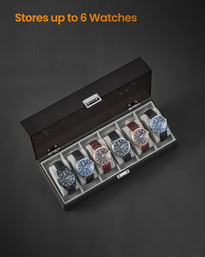 Vista 5 de Hzuaneri Caja de reloj, regalos de Navidad, caja de reloj de 6 ranuras con tapa acrílica grande, almohadas de reloj extraíbles, organizador, regalo