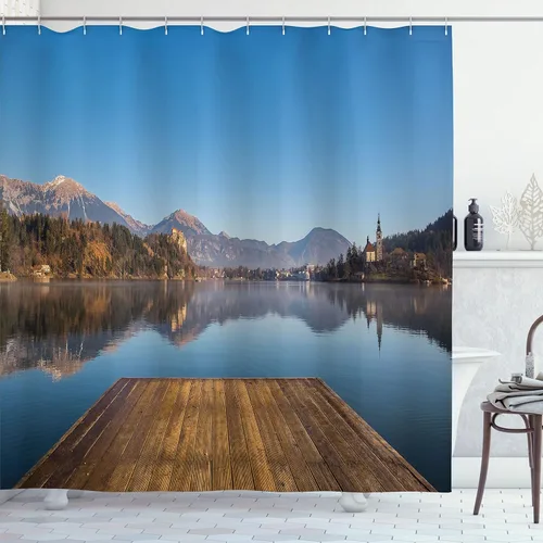 Vista 32 de Ambesonne Decor Collection, juego de cortina con ganchos para regadera Amarillo y marrón