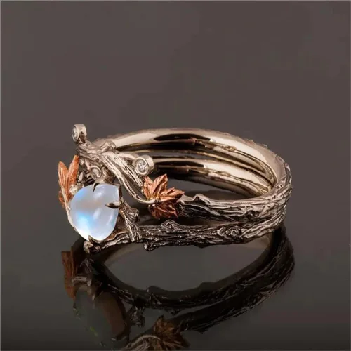 Vista 5 de Anillo de promesa vintage con diseño de hoja de mapel de circonita cúbica para mujer, chapado en oro antiguo, piedra lunar, ópalo, lágrima