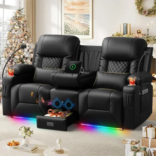 Vista 10 de YONISEE Juego de muebles de sala de estar, sofá biplaza reclinable de 2 plazas y silla reclinable giratoria de 360° con masaje, sofá reclinable