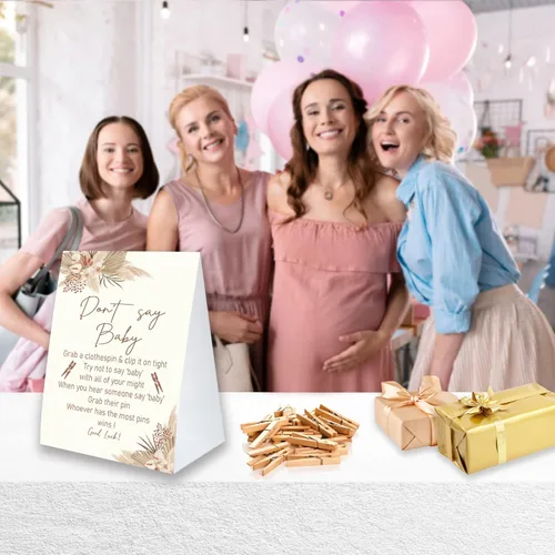 Vista 3 de Juego de pinzas para la ropa de baby shower, un cartel de papel recubierto de 5 x 7 pulgadas y 50 pinzas naturales para la ropa, baby shower