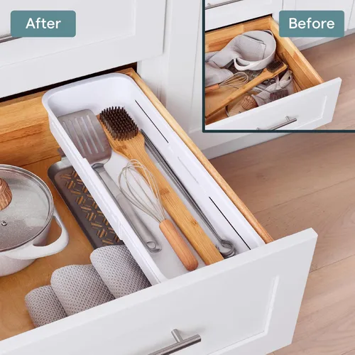 Vista 6 de YouCopia DrawerFit - Cajonera deslizante, organizador de almacenamiento de cocina expandible y ajustable, color blanco moteado