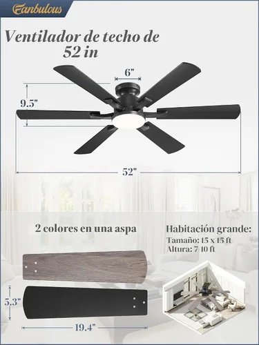 Vista 6 de Fanbulous Ventilador de techo empotrado de 52 pulgadas con luces regulables Negro