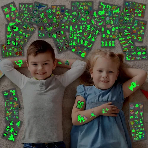 Vista 5 de Partywind Tatuajes temporales brillantes para recuerdos de fiesta infantiles, 380 estilos mixtos, incluye dinosaurio, sirena, tiburón, pirata