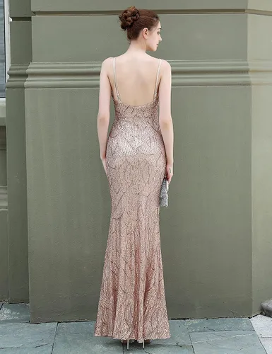 Vista 4 de A ARFAR Vestido de fiesta de lentejuelas para mujer, con cuello en V, vestido de tirantes esfagetti, vestido sexy de abertura alta, vestidos