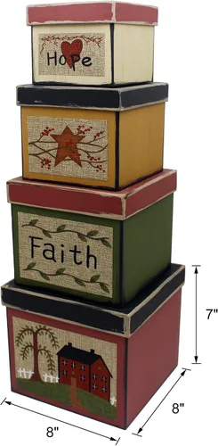 Vista 5 de CVHOMEDECO. Square Primitives - Juego de 4 cajas de cartón coleccionables vintage Hope Faith Star House (8 x 8 x 7 pulgadas de alto)