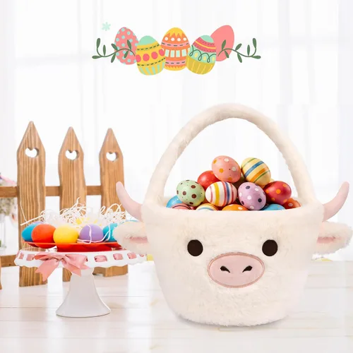 Vista 4 de Cesta de Pascua - Cestas de felpa de vaca blanca de Pascua para niños, suaves y vacías para caza de huevos con asa, lindas decoraciones de dulces