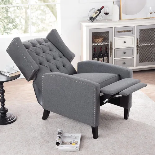 Vista 4 de Silla reclinable con respaldo ajustable, cómoda silla reclinable con respaldo ajustable, sillón de tela copetuda con remaches vintage para sala
