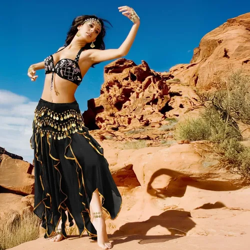 Vista 23 de Haysandy Conjunto de 8 piezas de danza del vientre para mujer, falda de danza del vientre, bufanda de cadera, 2 pulseras, aretes, pulsera de tobillo