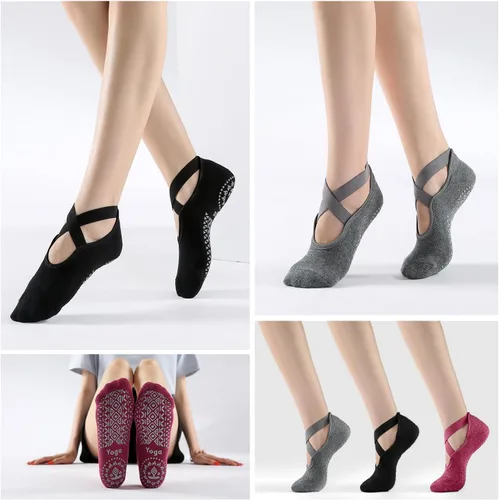 Vista 2 de SpringPlus 3 pares de calcetines de yoga para mujer con agarre antideslizante, pilates, barra, yoga, embarazo, baile, entrenamiento descalzo
