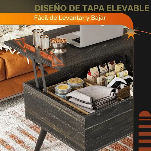 Vista 5 de WLIVE - Mesa de centro de madera con parte superior elevable, compartimento oculto y estante de almacenamiento ajustable, mesa elevable para comedor