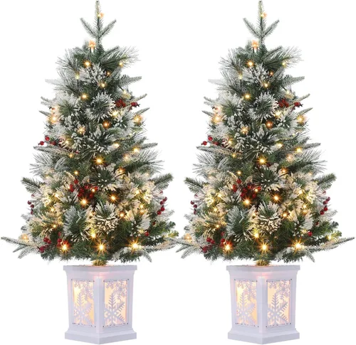 Vista 11 de Árbol de Navidad de 3 pies con base de reno, árbol de Navidad artificial esmerilado con 78 luces LED, caja de batería de 8 modos, decoraciones