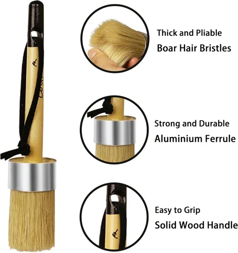 Vista 3 de Pinceles de pintura de tiza para muebles, 2 piezas de cerdas de pelo de jabalí redondas/planas para pintura de cera, adecuados para pintura de tiza