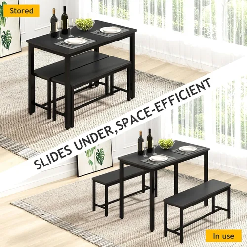 Vista 3 de Rovibek Juego de mesa de comedor para 4 personas con 2 bancos, juego de mesa de cocina que ahorra espacio para cocina y comedor, color negro