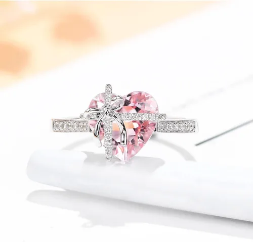 Vista 2 de Delicado anillo de plata 925 rosa con forma de corazón de circón para mujer, anillo de compromiso de aniversario, boda, anillos de promesa, anillo