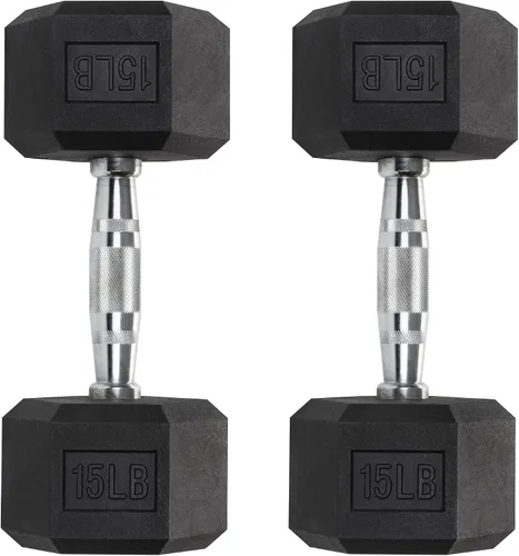Vista 8 de Mancuernas hexagonales – Pesas recubiertas de PVC resistente, asas moleteadas cromadas – Entrenamiento, ejercicio, levantamiento