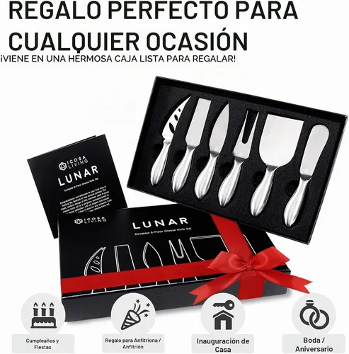 Vista 3 de Lunar - Juego de cuchillos de queso de 6 piezas, colección de cuchillos de queso de acero inoxidable de alta calidad, accesorios para tabla