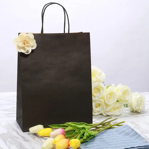 Vista 7 de 50 bolsas de regalo grandes negras a granel, 10 x 5 x 13 pulgadas, bolsas de regalo de papel kraft con asas para recuerdos de fiesta, boda