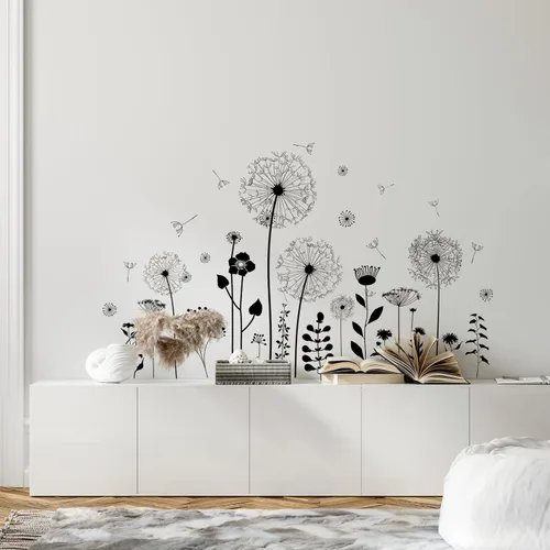 Vista 4 de Supzone Calcomanías de pared de diente de león negro, atractivas flores voladoras y mariposas, calcomanías de pared autoadhesivas creativas