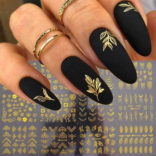 Vista 10 de 30 hojas de calcomanías de arte de uñas doradas, autoadhesivas 3D, calcomanías de diseño de uñas, gotas de agua, línea de flores, estrellas