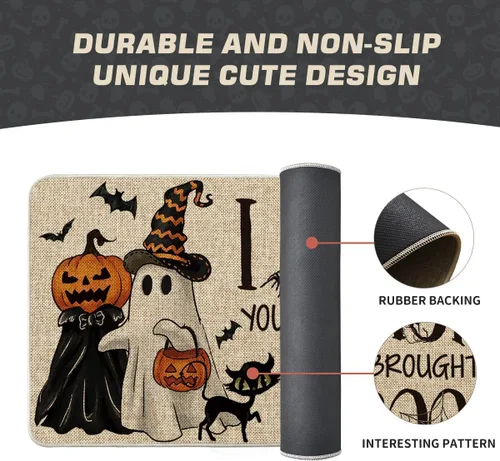 Vista 6 de Artoid Mode Tapete de Halloween con diseño de calabazas fantasmas, diseño de gato con texto en inglés "I Hope You Brought Boos", decoración