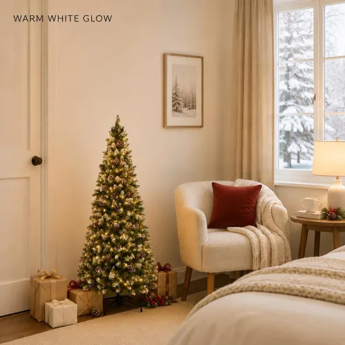 Vista 3 de 4.5 ft Frosted Artificial Pencil Christmas Tree with Pine Cones PVC foliage, hinged branches, foldable stand, indoor holiday decor for apartments