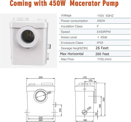 Vista 7 de Inodoro ascendente del sótano, bomba maceradora de 450 W, doble Blanco-3