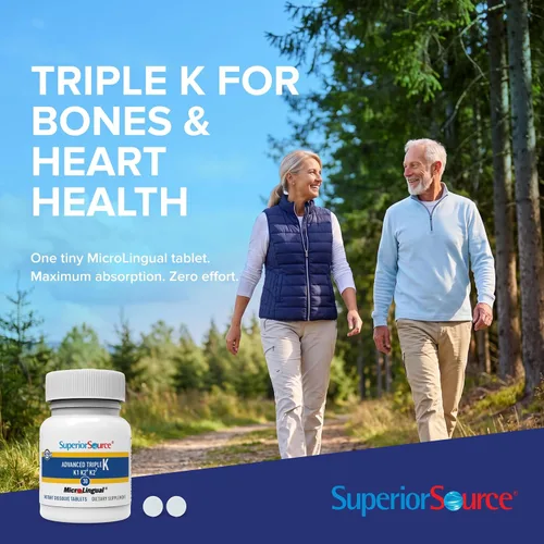 Vista 2 de Superior Source Triple K, fórmula 3 en 1, MK-4 500 mcg, MK-7 50 mcg, K1 500 mcg, tabletas microlignuales de disolución rápida, 30 unidades, huesos