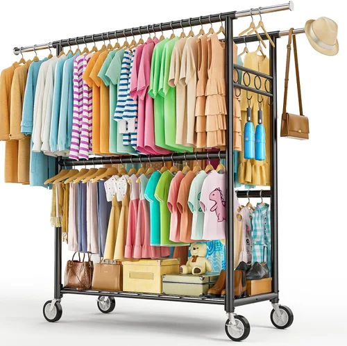 Vista 15 de Perchero de ropa resistente con carga de 860 libras, estantes de ropa rodantes de doble barra para colgar ropa, estante de ropa rodante con estantes