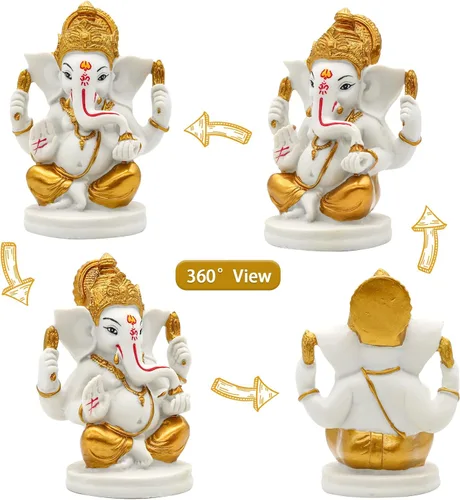 Vista 5 de alikiki Estatua de ídolo del señor indio Ganesha – Dios hindú en tono dorado de 5 pulgadas de alto, Ganpati Mandir Diwali Pooja, artículo