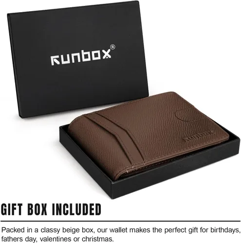 Vista 5 de RUNBOX Carteras de los hombres Slim Rfid Leather 2 ID ventana con caja de regalo, Palm-café