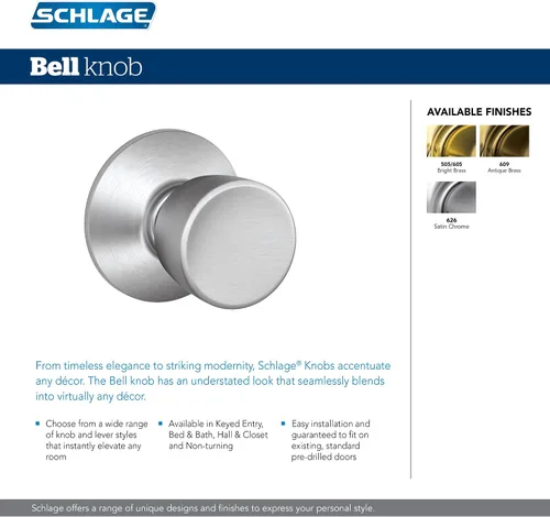 Vista 3 de Schlage F40 V BEL 605 - Pomo de puerta de campana, cerradura de privacidad para cama y baño, latón brillante