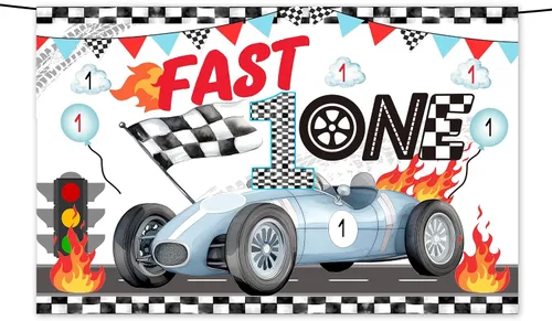 Vista 2 de Fast One - Telón de fondo y decoraciones de cumpleaños para niños y niñas, telón de fondo de cartel de primer cumpleaños