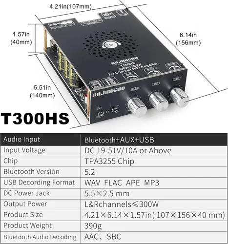 Vista 6 de Tablero amplificador de audio de 600 W con control de agudos y graves, chips TPA3255, CC 19-51 V, entradas Bluetooth 5.2 y AUX, placa AMP estéreo