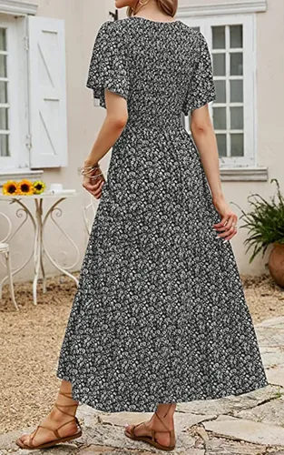 Vista 8 de PRETTYGARDEN - Vestido largo casual de verano para mujer, manga corta acampanada, bohemio, floral, cuello redondo, vestido blusón, escalonado