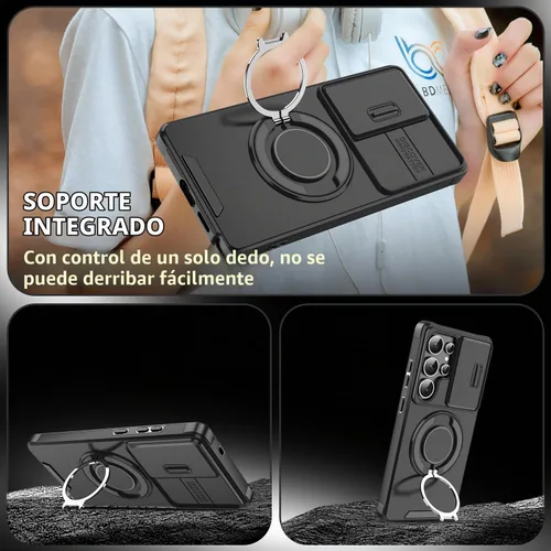 Vista 9 de Funda para Samsung S25 Ultra, con lente de cámara deslizante, soporte de anillo de dedo, resistente a prueba de golpes, funda protectora de grado
