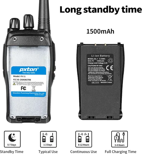 Vista 5 de pxton Walkie talkies S1 para adultos con auriculares y batería recargable de iones de litio de 1500 mAh, walkie talkie tiene VOX, TOT, alarma