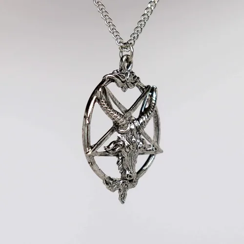 Vista 4 de Baphomet - Collar con colgante de cabeza de cabra de peltre con acabado plateado con pentáculo invertido, Metal