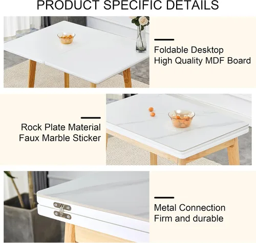 Vista 7 de Mesa de piedra sinterizada blanca con patas de madera de goma, escritorio plegable para computadora, escritorio de oficina plegable, adecuado