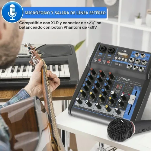 Vista 6 de Pyle Mezclador de Audio Profesional Placa de Sonido Consola del Sistema - 4 Canales - Bluetooth - Entrada USB MP3 para Computadora - 48V Phantom